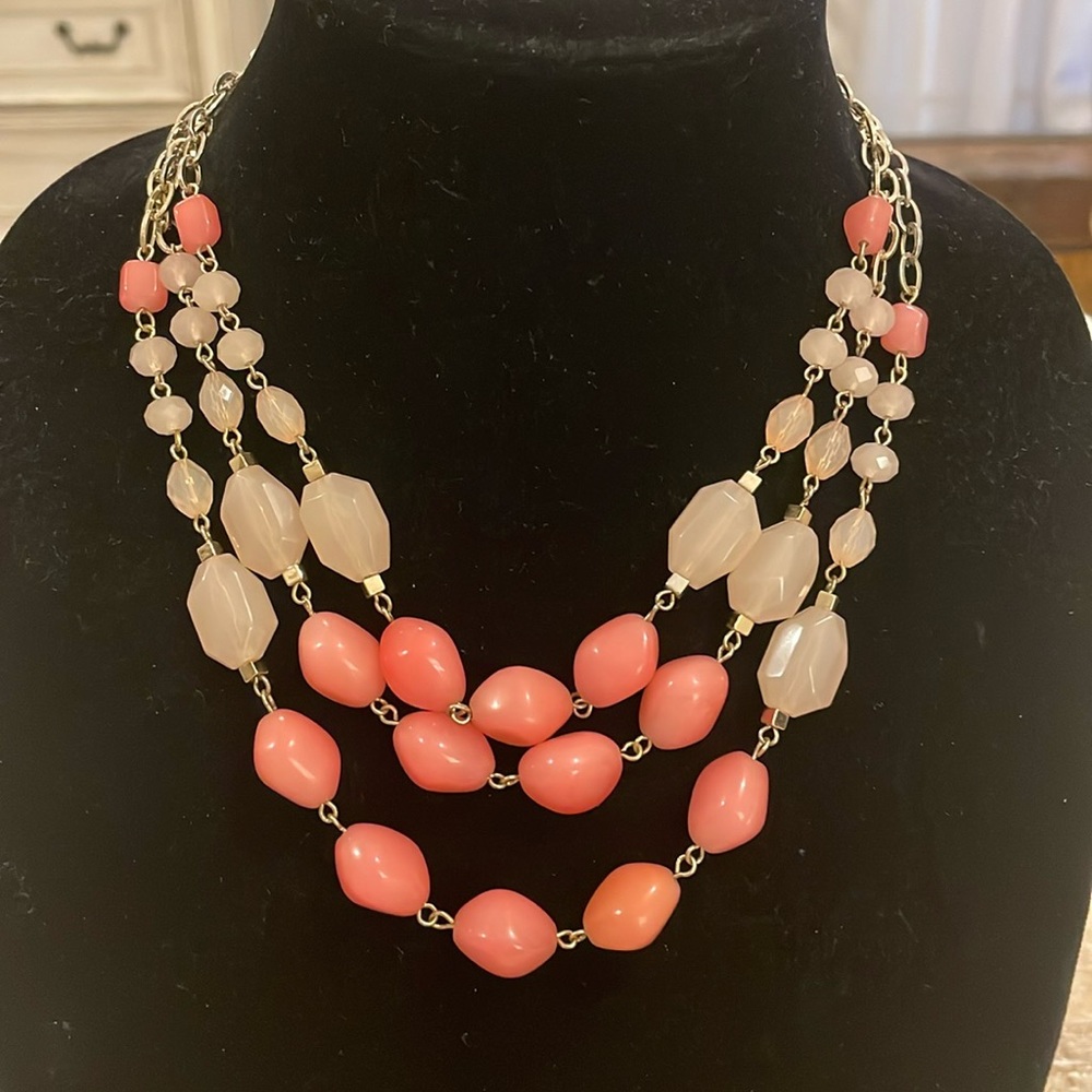 The Limited Silver Tone Pink Beaded Triple Layer Strand Choker Collar Necklace